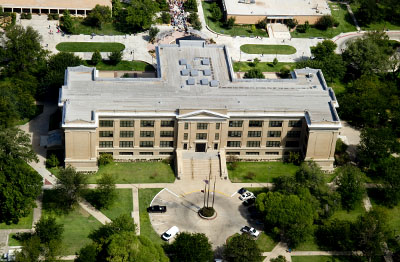 Aerial view of old main on campus
